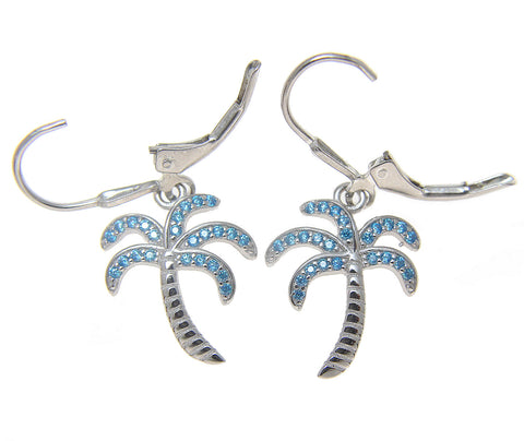 925 Sterling Silver Blue Topaz Hawaiian Palm Tree Leverback Earrings