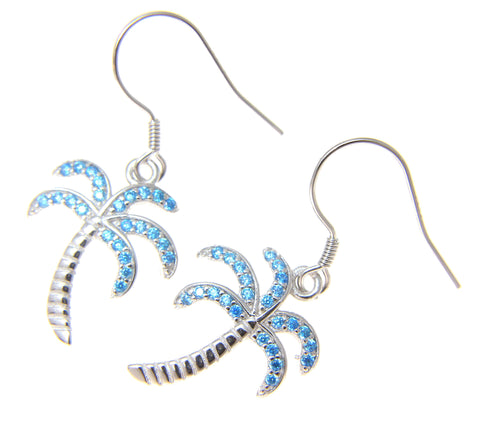 925 Sterling Silver Blue Topaz Hawaiian Palm Tree Wire Hook Earrings