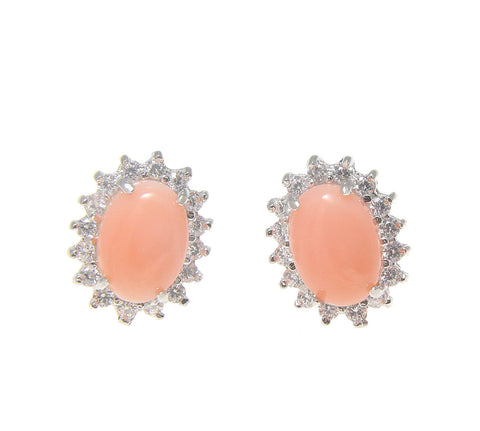 925 Sterling Silver Rhodium CZ Genuine Natural 5x7mm Oval Pink Coral Earrings