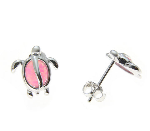 925 Sterling Silver Rhodium Hawaiian Honu Turtle Pink Opal Post Stud Earrings