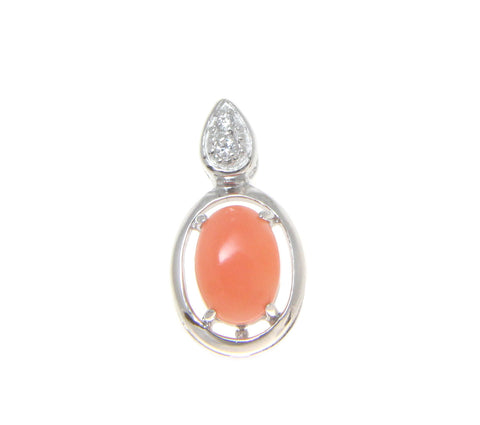 925 Sterling Silver Rhodium CZ Genuine Natural 5x7mm Oval Pink Coral Pendant