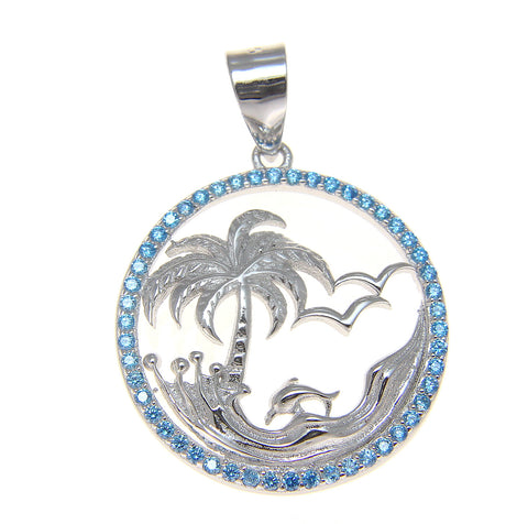 925 Silver Genuine Blue Topaz Hawaiian Palm Tree Dolphin Wave Pendant