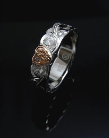 SILVER 925 HAWAIIAN SCROLL RING ROSE GOLD PLATED HEART CZ RHODIUM THICK HEAVY