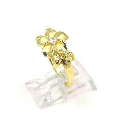 YELLOW GOLD PLATED SILVER 925 HAWAIIAN PLUMERIA FLOWER MAILE LEAF LEAVES RING CZ