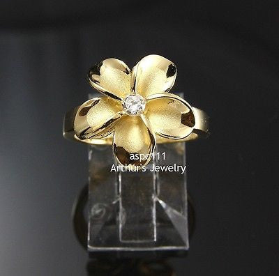YELLOW GOLD PLATED STERLING SILVER 925 HAWAIIAN PLUMERIA FLOWER RING 15MM CZ