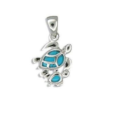 SILVER 925 BLUE TURQUOISE HAWAIIAN MOTHER BABY SEA TURTLE PENDANT RHODIUM