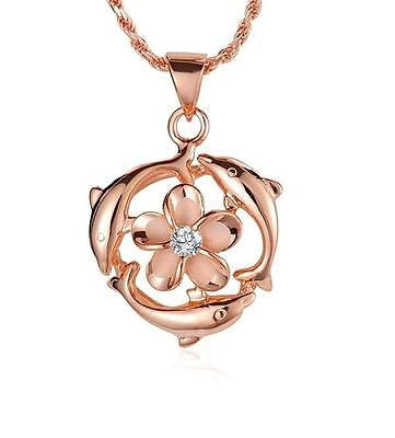 ROSE GOLD PLATED SILVER 925 HAWAIIAN 9MM PLUMERIA FLOWER 3 SHINY DOLPHIN PENDANT