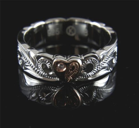 SILVER 925 HAWAIIAN SCROLL RING ROSE GOLD PLATED HEART CZ RHODIUM THICK HEAVY