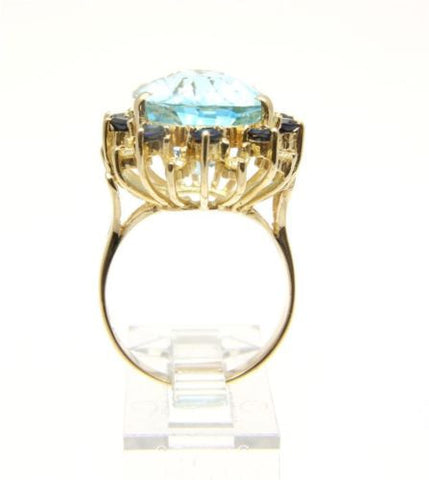 GENIUNE BLUE TOPAZ SAPPHIRE & DIAMOND RING SET IN SOLID 14K YELLOW GOLD