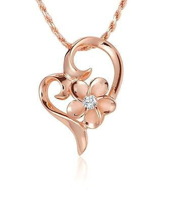 ROSE GOLD PLATED SILVER 925 HAWAIIAN 8MM PLUMERIA FLOATING HEART PENDANT CZ