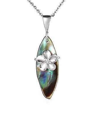 ABALONE PAUA SHELL SURFBOARD SILVER 925 HAWAIIAN RHODIUM PLUMERIA FLOWER PENDANT