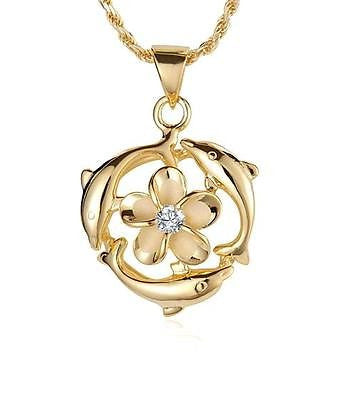 YELLOW GOLD PLATED SILVER 925 HAWAIIAN 9MM PLUMERIA FLOWER 3 DOLPHIN PENDANT