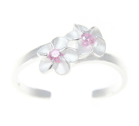 925 Sterling Silver Hawaiian Double Plumeria Flower Pink CZ Open Toe Ring