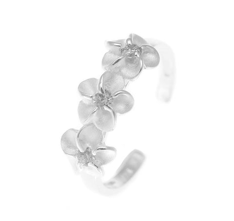 925 Sterling Silver Hawaiian Triple Plumeria Flower White CZ Open Toe Ring