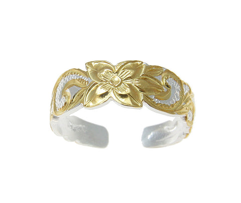 6MM YELLOW GOLD PLATED STERLING SILVER 925 HAWAIIAN PLUMERIA SCROLL TOE RING