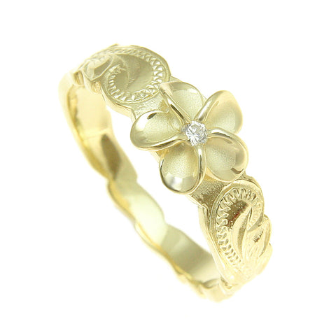 925 Sterling Silver Hawaiian Scroll Yellow Gold CZ Plumeria Flower Ring #1-10