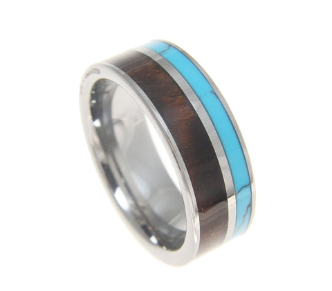 Tungsten 8mm Wedding Band Ring Turquoise Hawaiian Koa Wood Comfort Fit Size 5-14