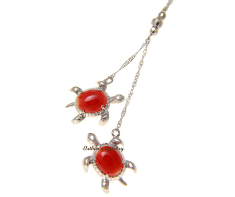 GENUINE RED CORAL HAWAIIAN SEA TURTLE LARIAT NECKLACE 925 STERLING SILVER 18"