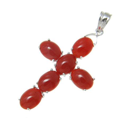 GENUINE NATURAL NOT ENHANCED OVAL RED CORAL PENDANT CROSS 14K WHITE GOLD 19MM