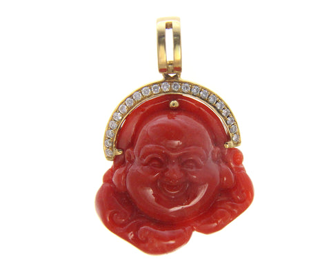GENUINE NATURAL RED CORAL HAPPY BUDDHA DIAMOND PENDANT SOLID 18K YELLOW GOLD