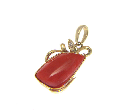 GENUINE NATURAL UNIQUE DEEP PINK CORAL DIAMOND PENDANT SOLID 14K YELLOW GOLD