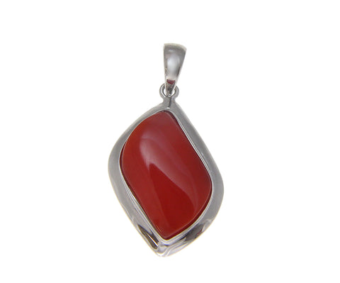 GENUINE NATURAL CABOCHON RED CORAL PENDANT SOLID 14K WHITE GOLD 14MM