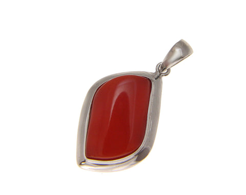 GENUINE NATURAL CABOCHON RED CORAL PENDANT SOLID 14K WHITE GOLD 14MM