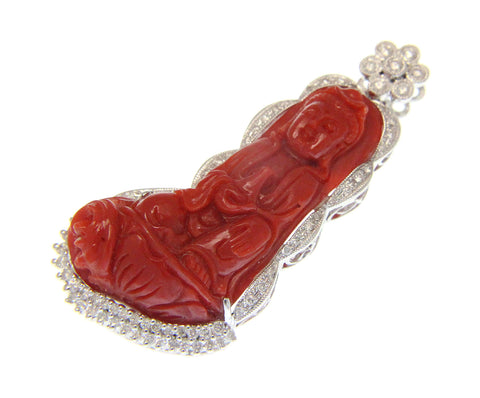 GENUINE NATURAL RED CORAL KWAN YIN DIAMOND PENDANT SOLID 14K WHITE GOLD