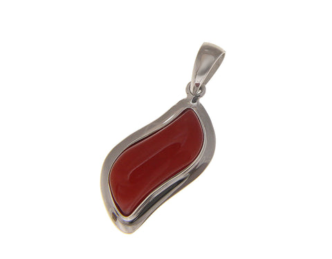 GENUINE NATURAL CABOCHON RED CORAL PENDANT SOLID 14K WHITE GOLD 11.50MM