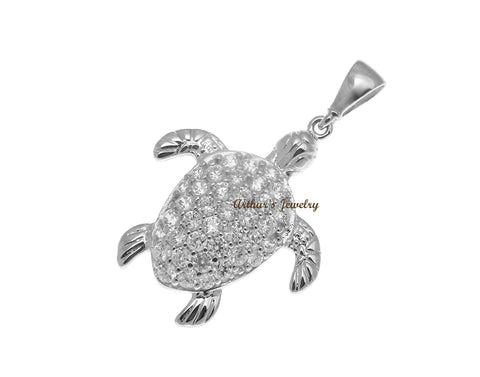 SOLID 14K WHITE GOLD SPARKLY HAWAIIAN SEA TURTLE BLING CZ CHARM PENDANT 17.40MM