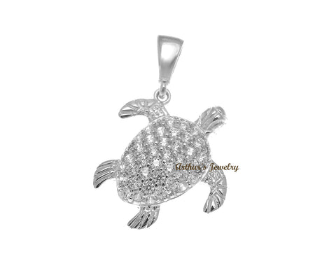 SOLID 14K WHITE GOLD SPARKLY HAWAIIAN SEA TURTLE BLING CZ CHARM PENDANT 13.65MM