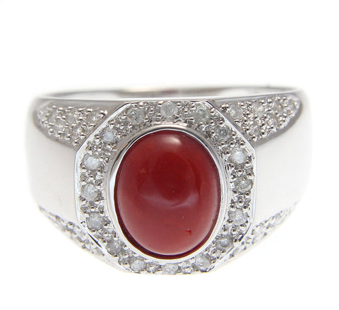 GENUINE NATURAL NOT ENHANCED OVAL RED CORAL DIAMOND RING SOLID 14K WHITE GOLD