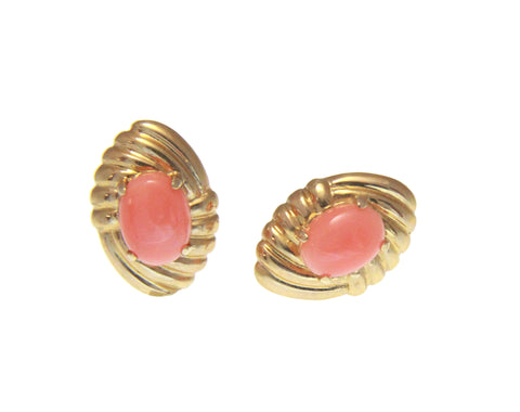 GENUINE NATURAL OVAL CABOCHON PINK CORAL EARRINGS SOLID 14K YELLOW GOLD