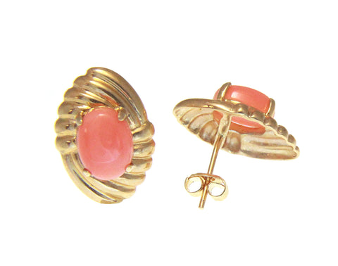 GENUINE NATURAL OVAL CABOCHON PINK CORAL EARRINGS SOLID 14K YELLOW GOLD