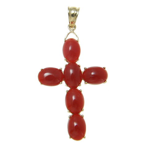 GENUINE NATURAL NOT ENHANCED OVAL RED CORAL PENDANT CROSS 14K YELLOW GOLD 19MM