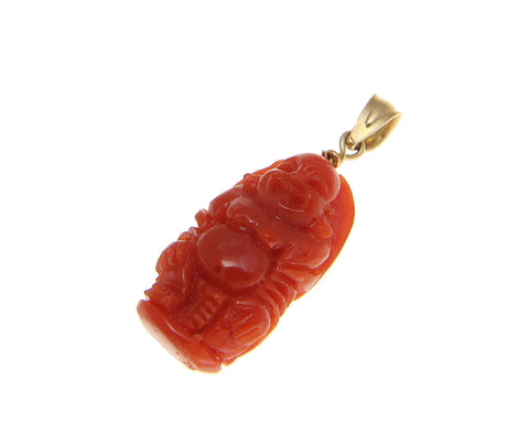 GENUINE NATURAL NOT ENHANCED RED CORAL HAPPY BUDDHA PENDANT 14K YELLOW GOLD