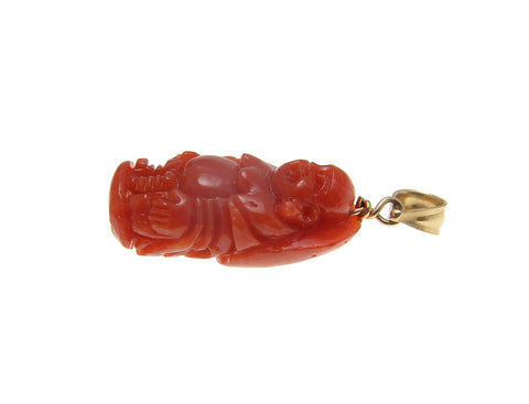GENUINE NATURAL NOT ENHANCED RED CORAL HAPPY BUDDHA PENDANT 14K YELLOW GOLD