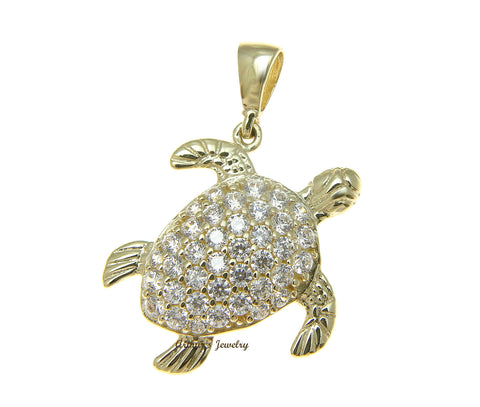 SOLID 14K YELLOW GOLD SPARKLY HAWAIIAN SEA TURTLE BLING CZ CHARM PENDANT