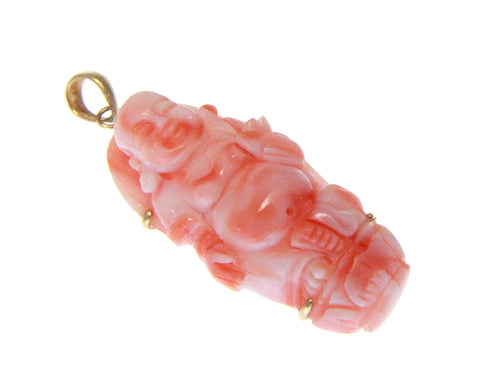 GENUINE NATURAL PINK CORAL BUDDHA PENDANT SOLID 14K YELLOW GOLD