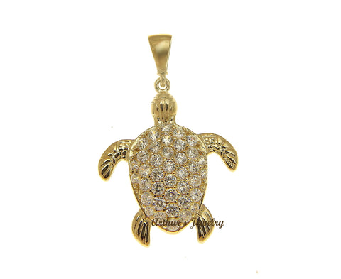 SOLID 14K YELLOW GOLD SPARKLY HAWAIIAN SEA TURTLE BLING CZ CHARM PENDANT 17.40MM