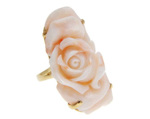 GENUINE NATURAL ANGEL SKIN CORAL CARVED FLOWER RING IN SOLID 14K YELLOW GOLD