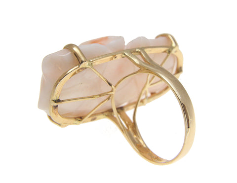 GENUINE NATURAL ANGEL SKIN CORAL CARVED FLOWER RING IN SOLID 14K YELLOW GOLD