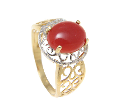 GENUINE NATURAL OVAL CABOCHON RED CORAL RING SOLID 14K YELLOW GOLD