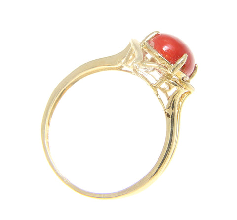 GENUINE NATURAL NOT ENHANCED OVAL CABOCHON RED CORAL RING SOLID 14K YELLOW GOLD