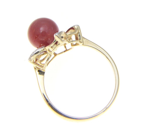 GENUINE NATURAL NOT ENHANCED RED CORAL BALL DIAMOND RING SOLID 14K YELLOW GOLD