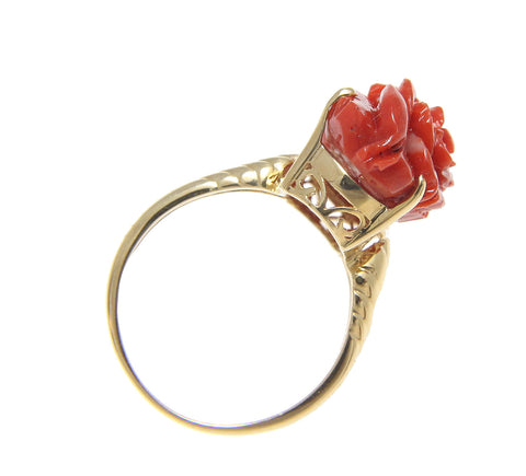 GENUINE NATURAL RED CORAL CARVED FLOWER RING SET IN SOLID 14K YELLOW GOLD