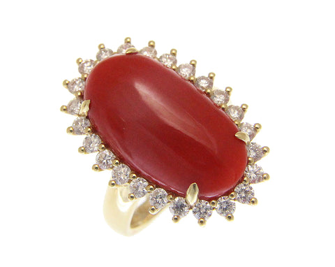 GENUINE NATURAL CABOCHON RED CORAL DIAMOND RING SOLID 14K YELLOW GOLD