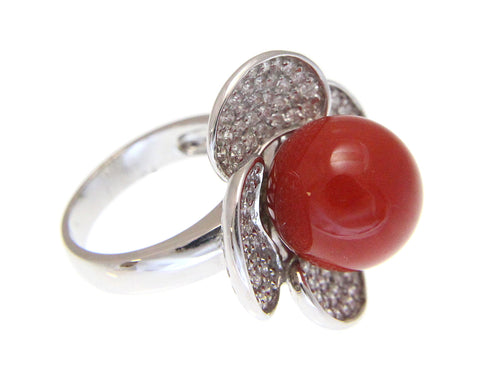 GENUINE NATURAL 13MM RED CORAL ROUND BALL DIAMOND RING SOLID 18K WHITE GOLD