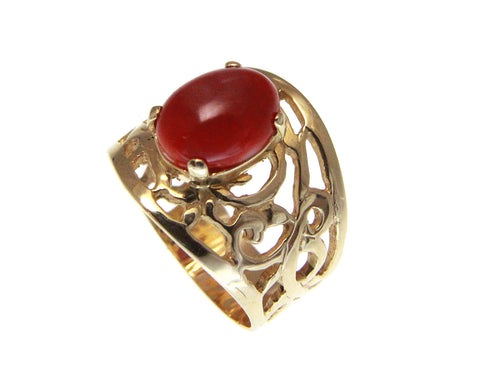 GENUINE NATURAL 7.6MMX9.7MM OVAL CABOCHON RED CORAL RING SOLID 14K YELLOW GOLD