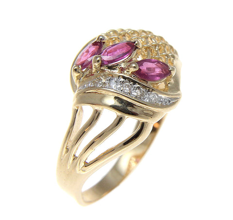 GENUINE MARQUISE CUT RUBY & DIAMOND COCKTAIL RING SOLID 14K YELLOW GOLD